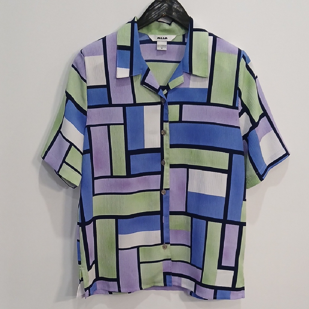 ALIA Purple Blue And Green Geo Rectangle Pattern Button Up Size 8